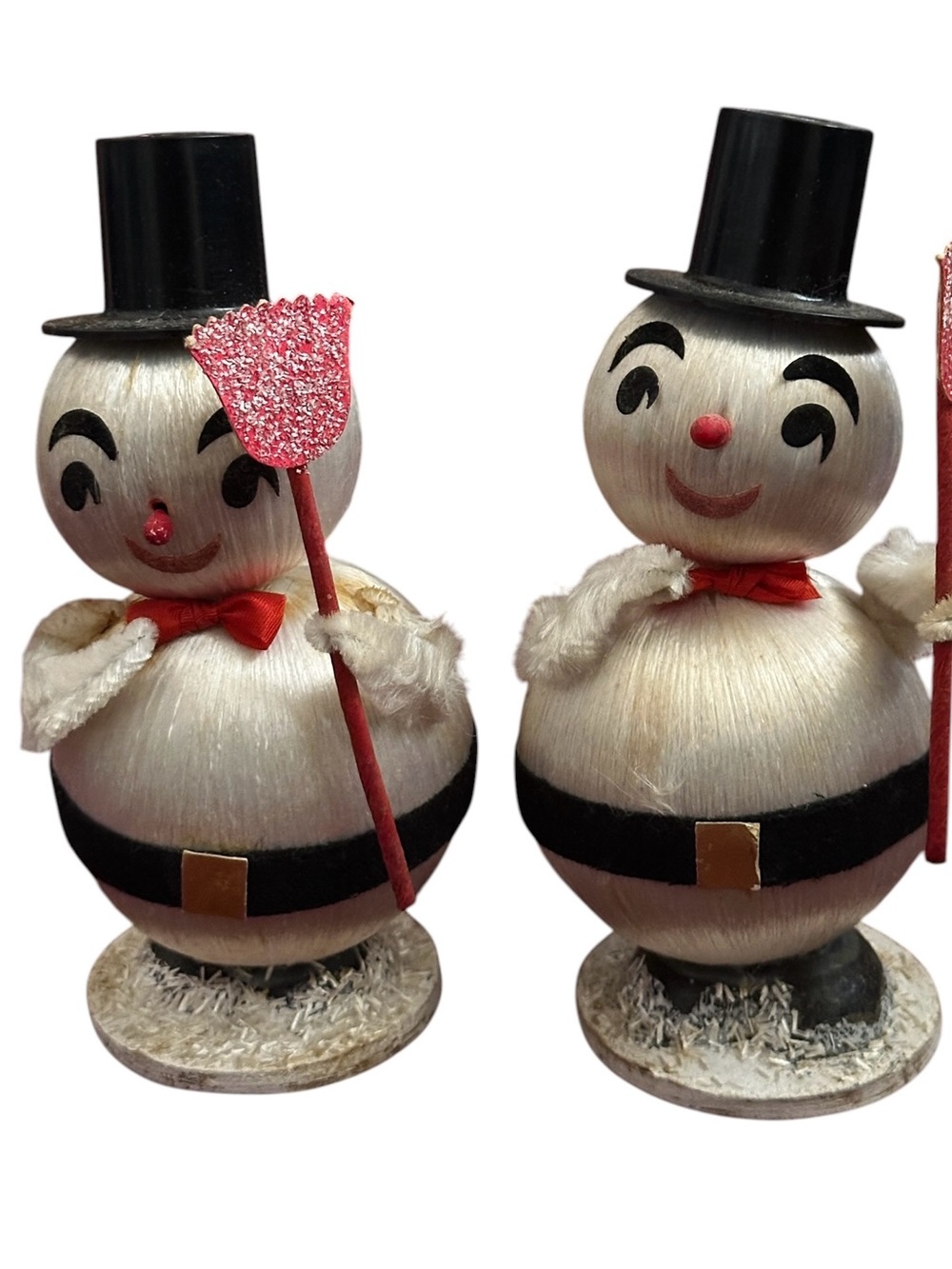 2 Vintage Putz Snowman Christmas Ornament Japan Spun Silk & Chenille 6.5" READ